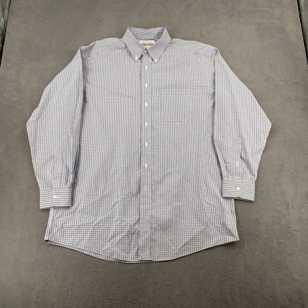 Roundtree & Yorke Gold Label Mens 16.5 35 Blue Tan Check Non-Iron Cotton Shirt